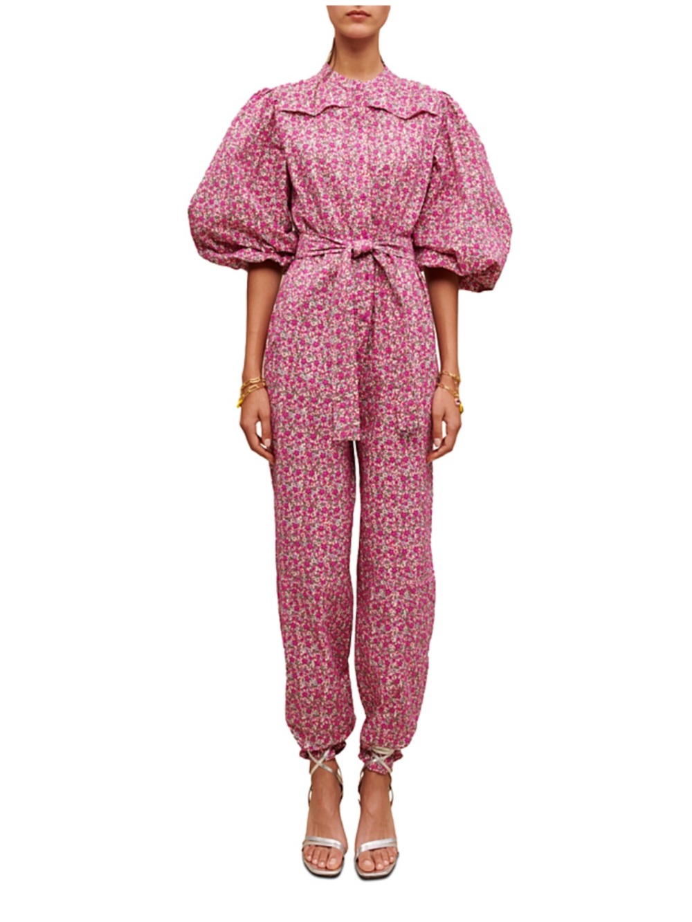 Maje Pink Floral Puff Sleeve Jumpsuit